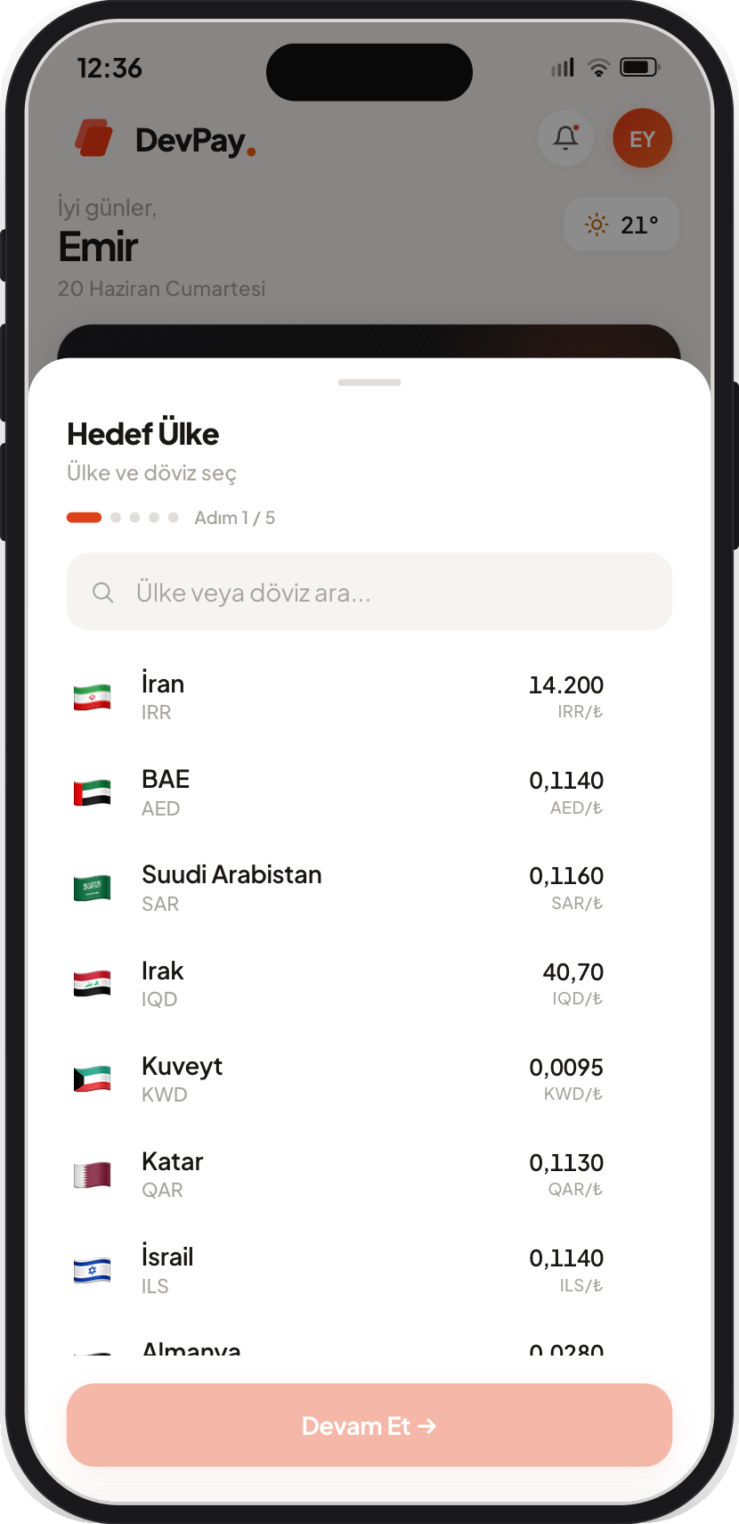 DevPay cross-border transfer flow showing country and currency selection with live rates