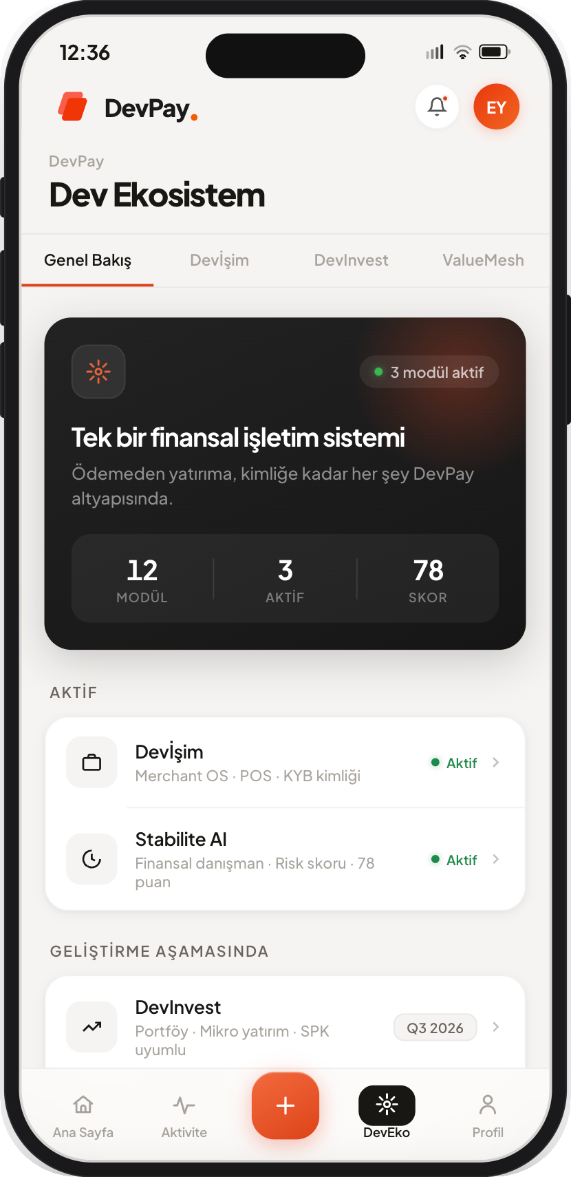 DevPay ecosystem overview screen showing active and in-development modules