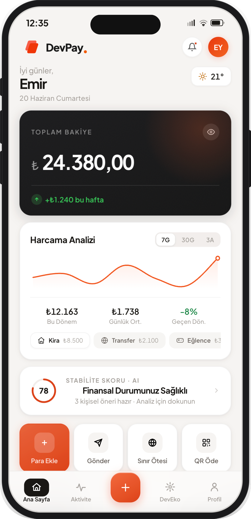 DevPay home screen with total balance of ₺24.380, weekly change, and spending analysis chart