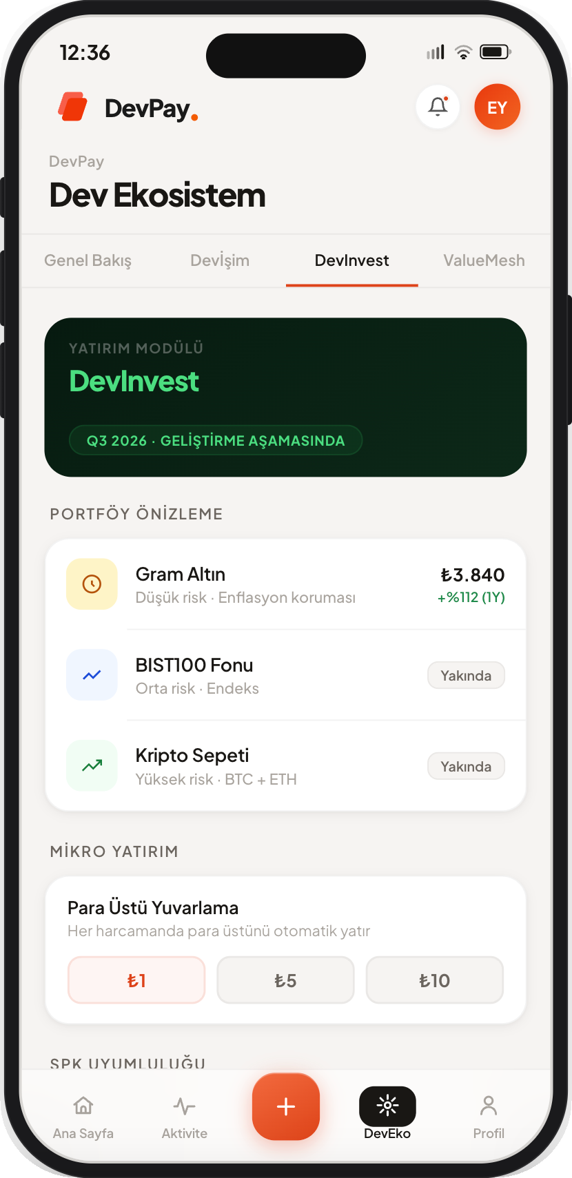 DevPay DevInvest screen showing portfolio preview with gold, BIST100 fund, and round-up micro-investing