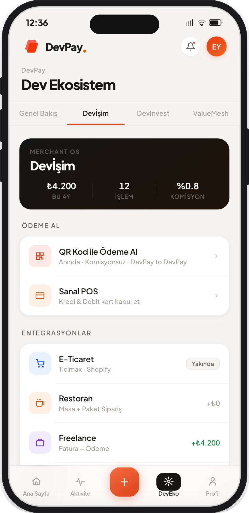 DevPay DevisIm Merchant OS screen showing monthly volume, QR payments, virtual POS, and integrations