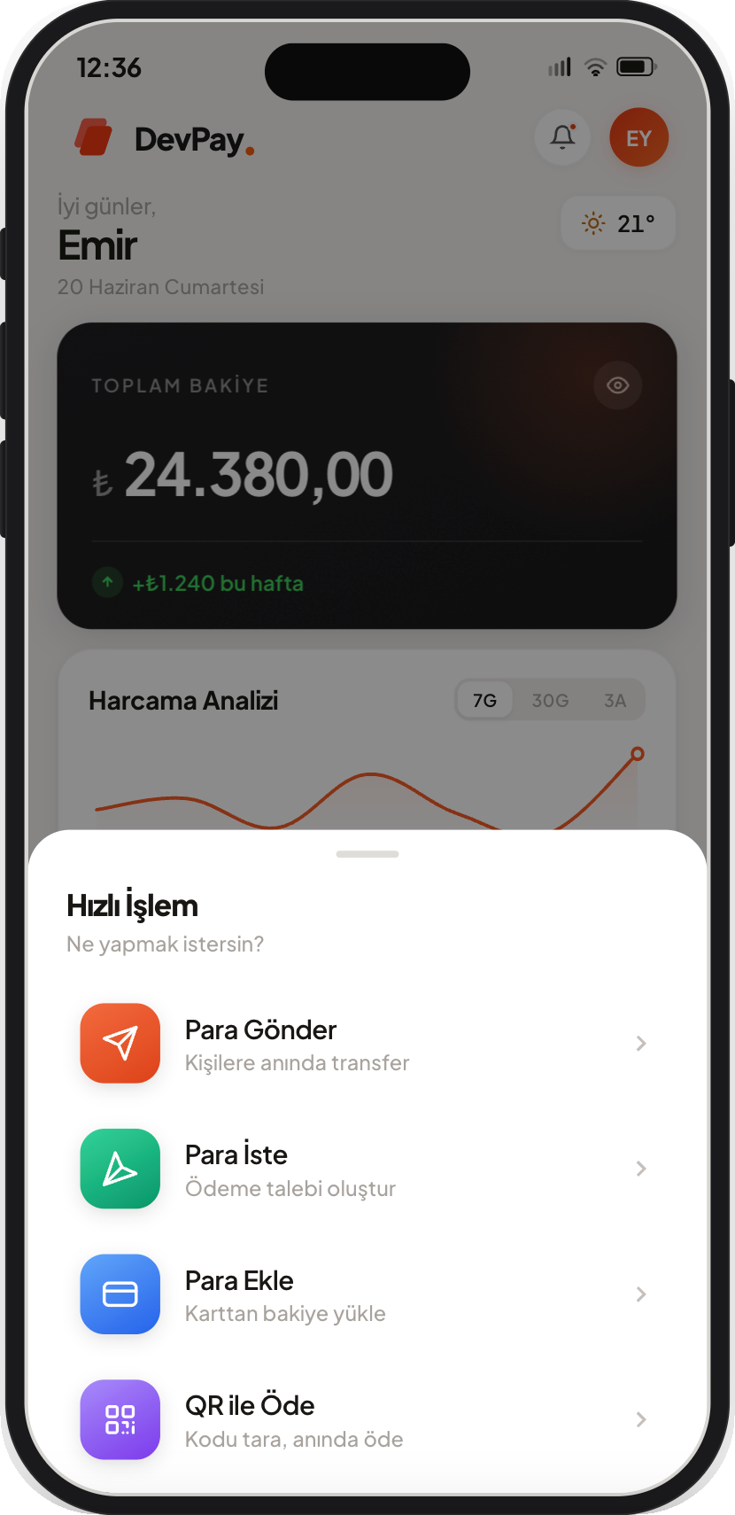 DevPay quick action sheet showing send money, request money, add money, and QR pay