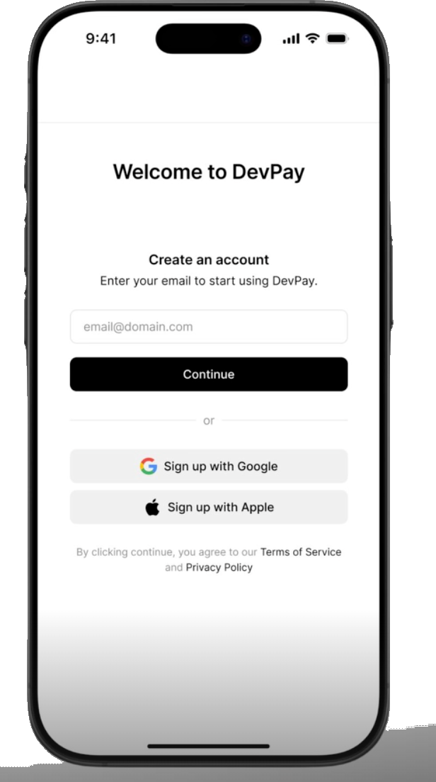 DevPay app sign up screen on an iPhone
